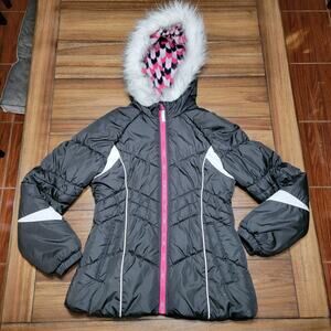 London Fog Junior Black Puffer Hooded Coat w/ Faux Fur Trim - Size Large (14-16)